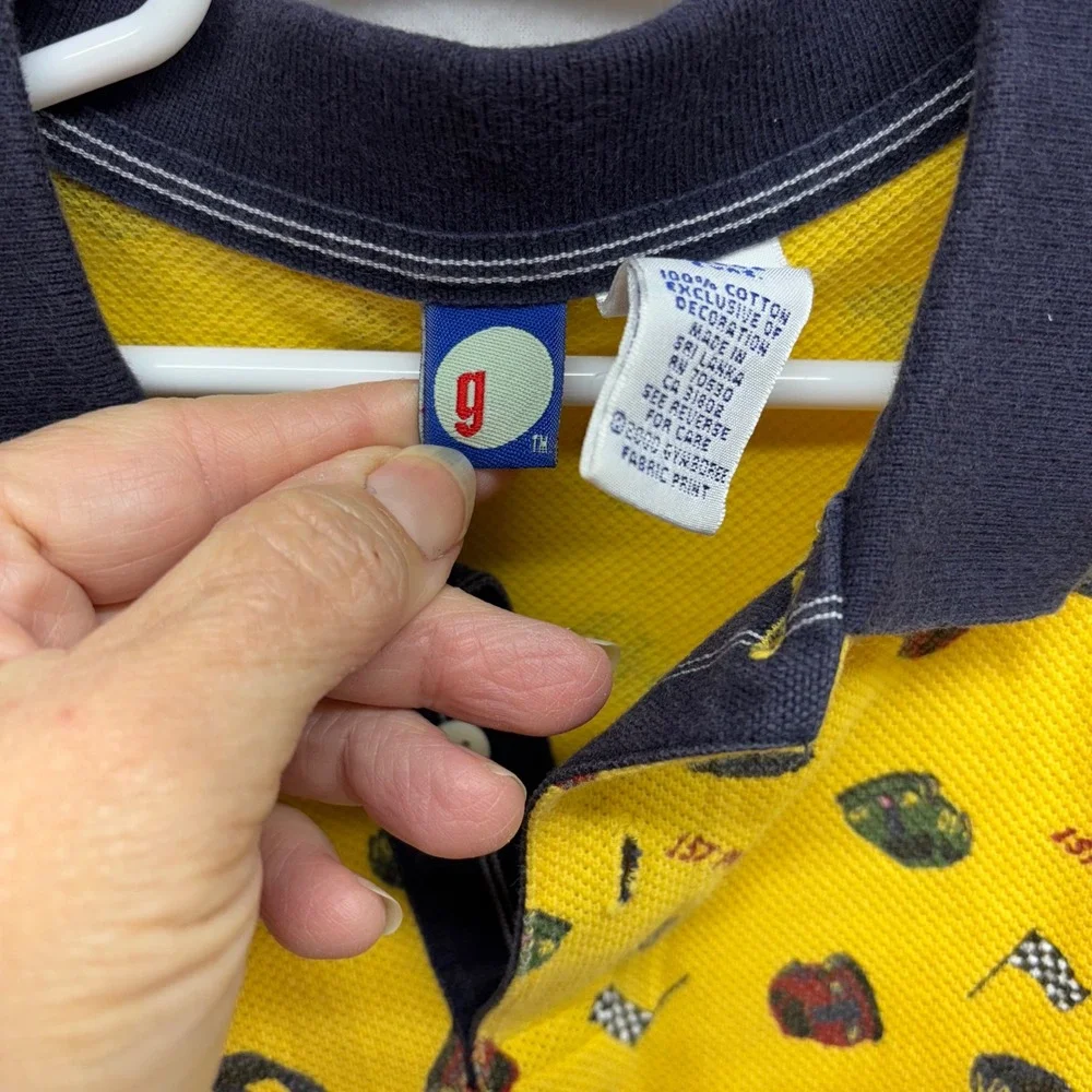 Vintage Kids Gymboree Large Yellow Racing Cars Flags Polo Shirt Cotton‎ 5 Yrs
